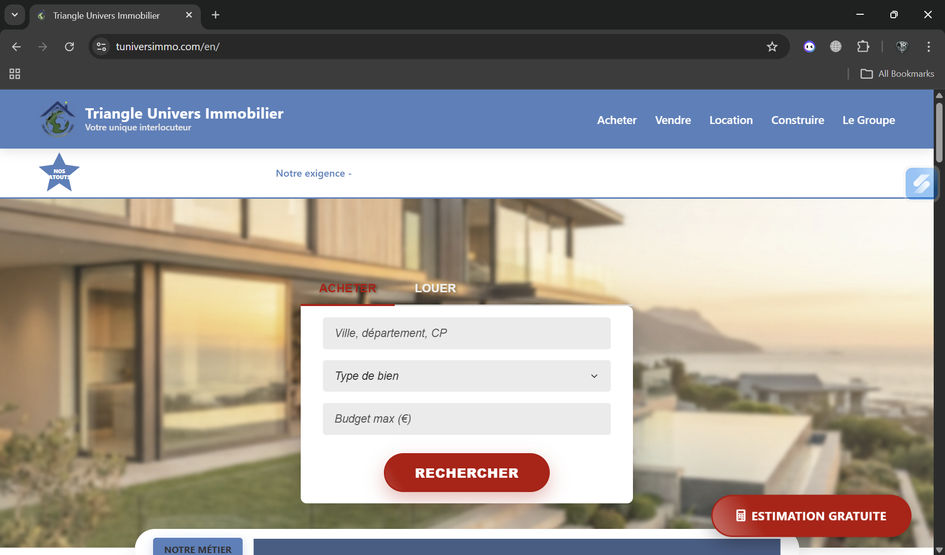 Page d'accueil Triangle Univers Immobilier — moteur de recherche acheter / louer