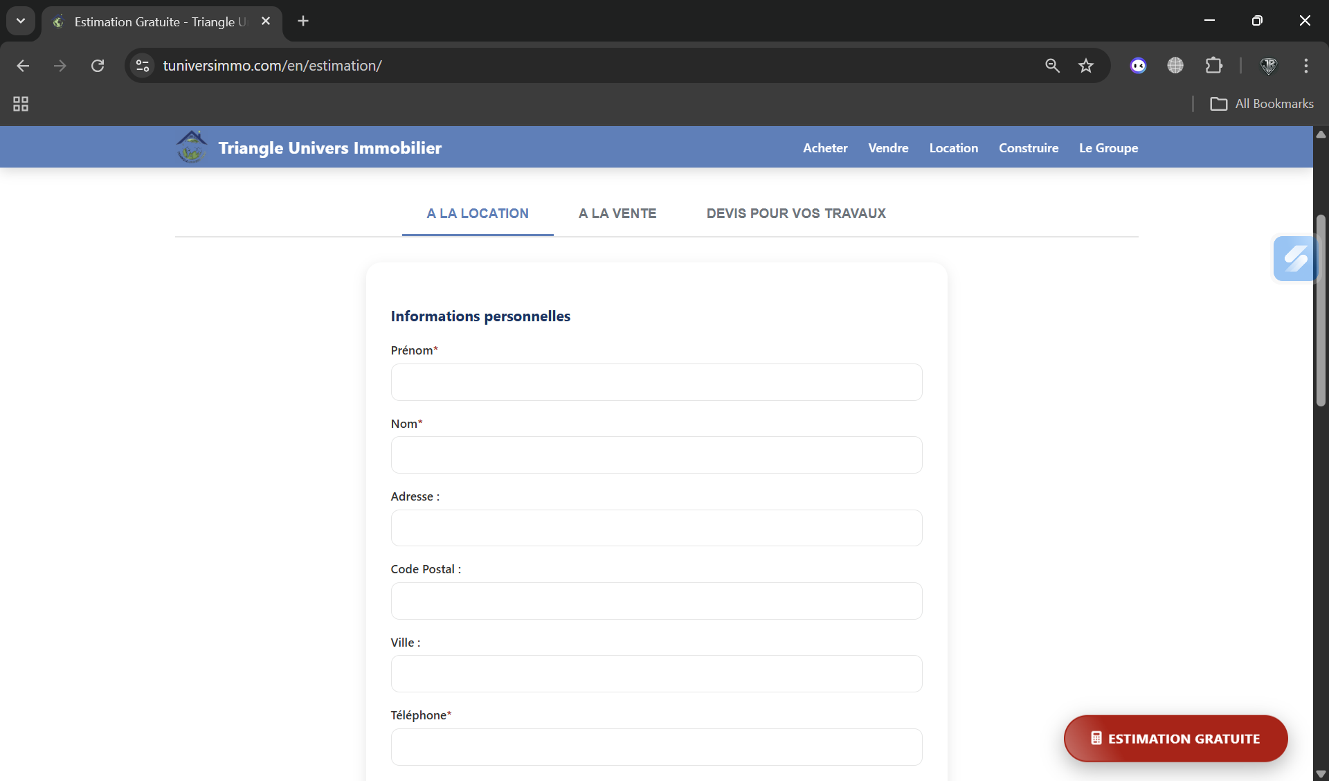 Formulaire d'estimation gratuite — location, vente et devis travaux